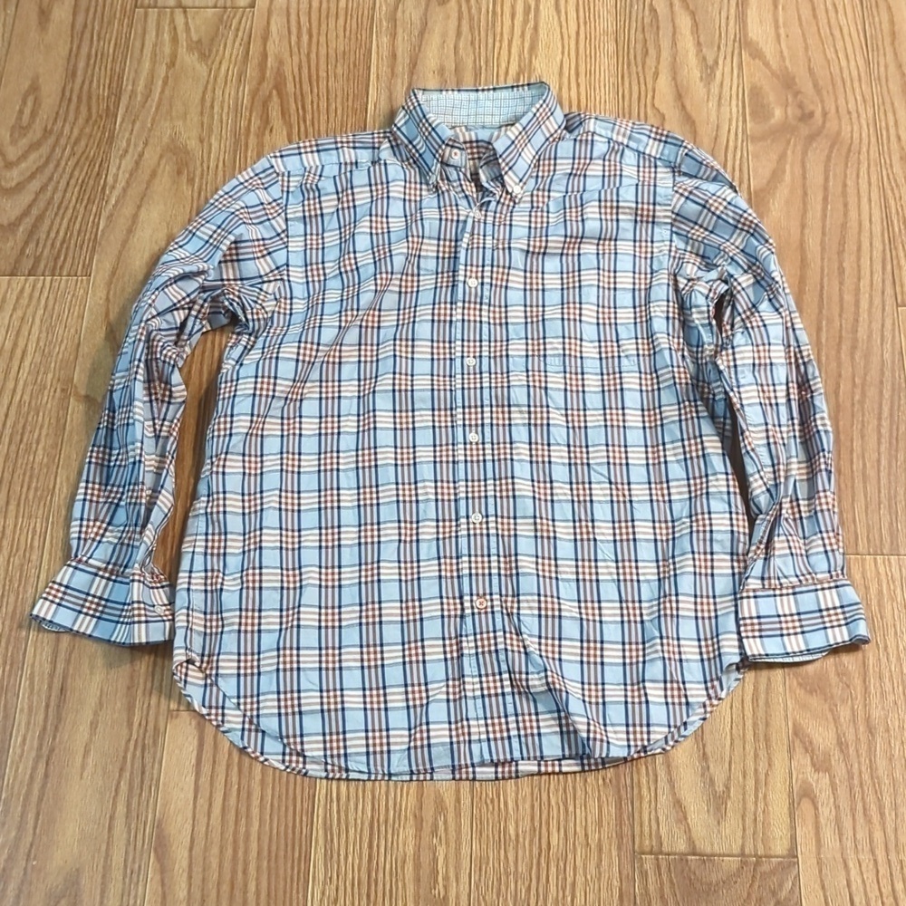 J McLaughlin 100% Egyptian cotton white, blue and brown button-down shirt, L